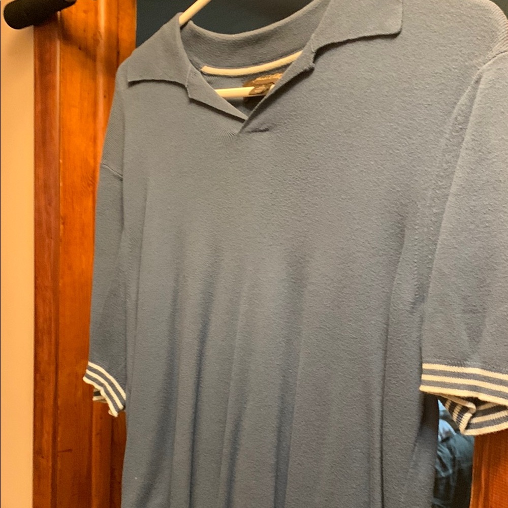 Tasso Elba Blue Polo Shirt with Striped Trim